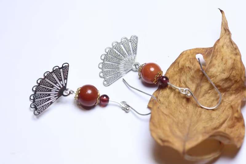 紅瑪瑙 S925純銀  耳墜  中國風  有氣質扇子  耳環長款