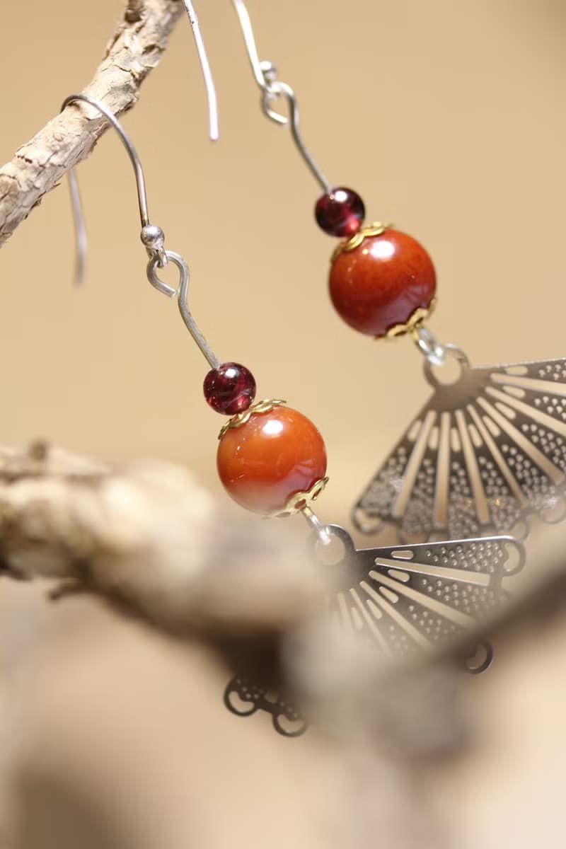 紅瑪瑙 S925純銀  耳墜  中國風  有氣質扇子  耳環長款