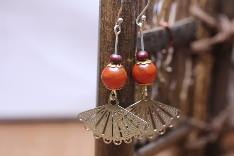 紅瑪瑙 S925純銀  耳墜  中國風  有氣質扇子  耳環長款