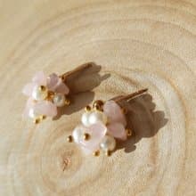 粉水晶 淡珍珠 花束 耳環耳針耳夾 鍍金 生日禮物