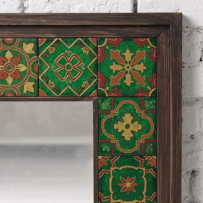 Green mexican tile mirror. Handpainted wood tiles and wood frame
