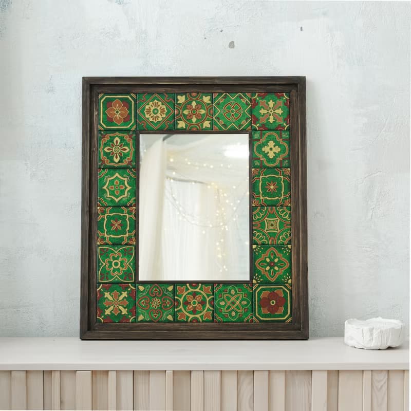 Green mexican tile mirror. Handpainted wood tiles and wood frame