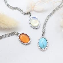 Surgical Steel) Vintage Style Oval Birthstone Necklace Petite Birthstone Pendant
