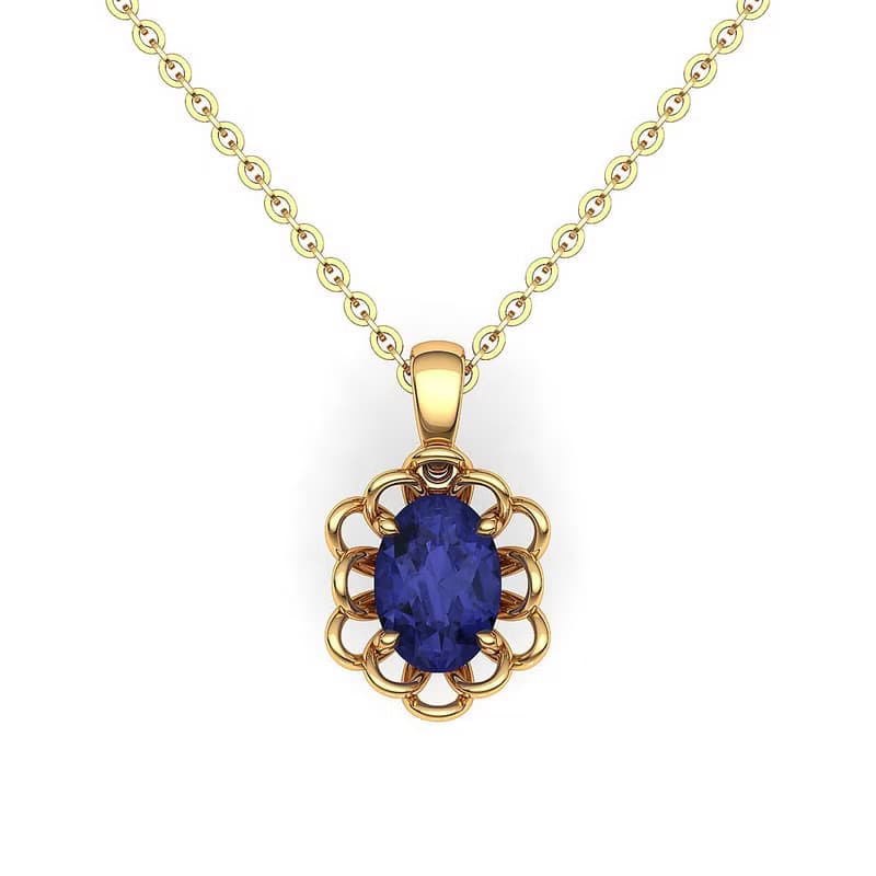 【PurpleMay Jewellery】純18K黃金鑲嵌坦桑石復古花卉吊墜-P065