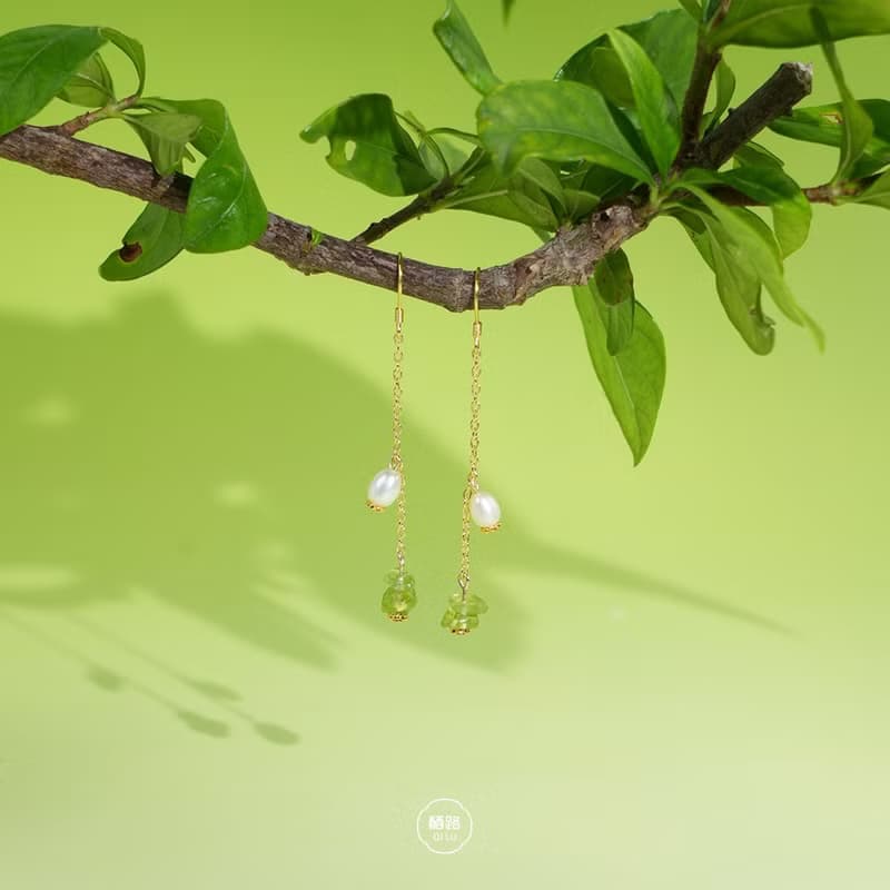 西湖春景橄欖石碎石碧璽珍珠手鏈項鏈耳飾套裝