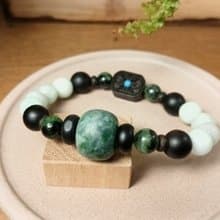 珠串設計手鍊 老花青緬甸玉+緬甸玉+黑曜石+檀木/霧面可把玩