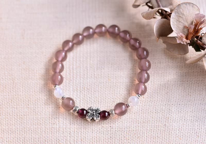 紫玉髓+石榴石+月光石純銀花朵手鍊