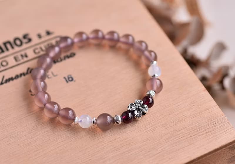 紫玉髓+石榴石+月光石純銀花朵手鍊
