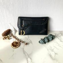 【初夏優惠】中古二手Dior黑色金扣皮革馬鞍長夾零錢包手拿袋