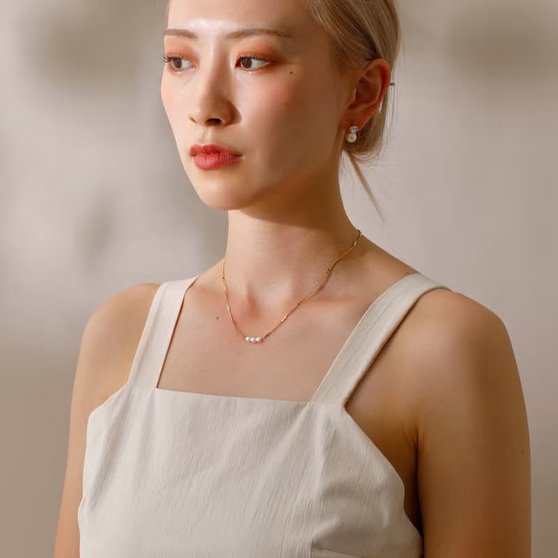 【Pinkoi限定】3 pearl dots magnet necklace GD ニッケルフリー マグネット　淡水パール　チェーンネックレス　ゴールド