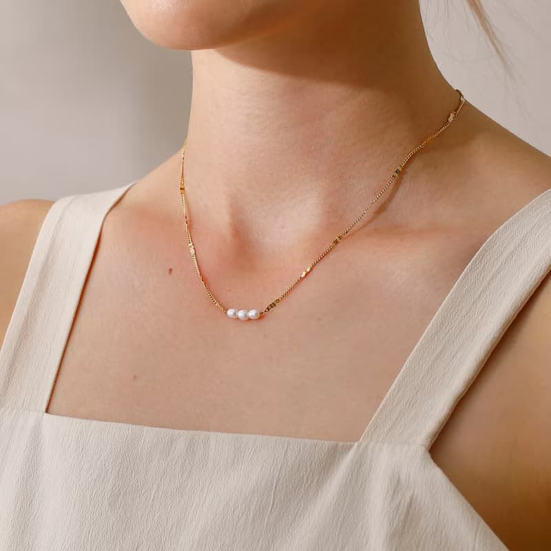 【Pinkoi限定】3 pearl dots magnet necklace GD ニッケルフリー マグネット　淡水パール　チェーンネックレス　ゴールド