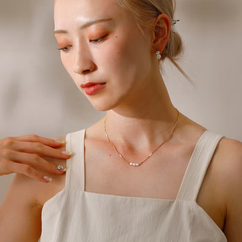 【Pinkoi限定】3 pearl dots magnet necklace GD ニッケルフリー マグネット　淡水パール　チェーンネックレス　ゴールド
