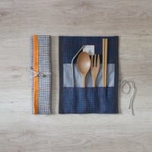 All-in-one 薄棉麻格子布餐具布套 繫繩款  防水布內裡 不含餐具