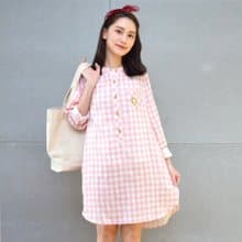 秋裝∣經典刺繡格紋洋裝(粉)