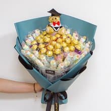 畢業花束 畢業熊+金莎30支+QQ軟糖麻花捲棉花糖30支花束(療癒藍)