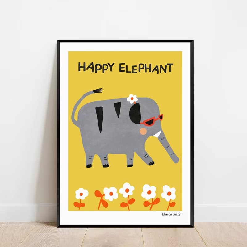 Art print / Happy Elephant / Illustration poster A3 A2