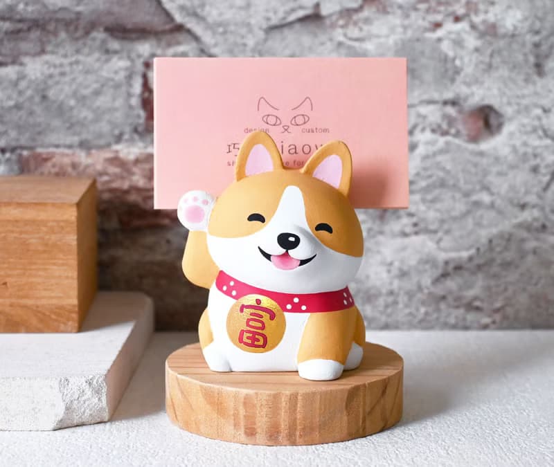 狗來富 招財柯基犬 手工雕刻療癒擺飾小木雕擺飾 名片架