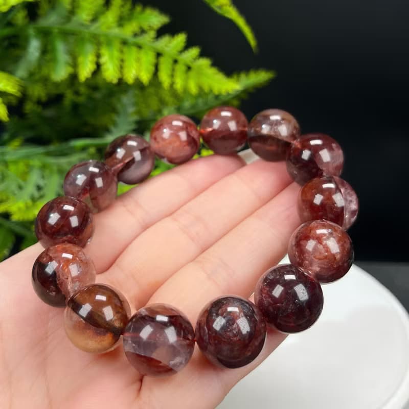 高品質鴆羽幽靈水晶手串16mm冰潤閃片大顆粒圓珠牛血紅膠花旺運勢
