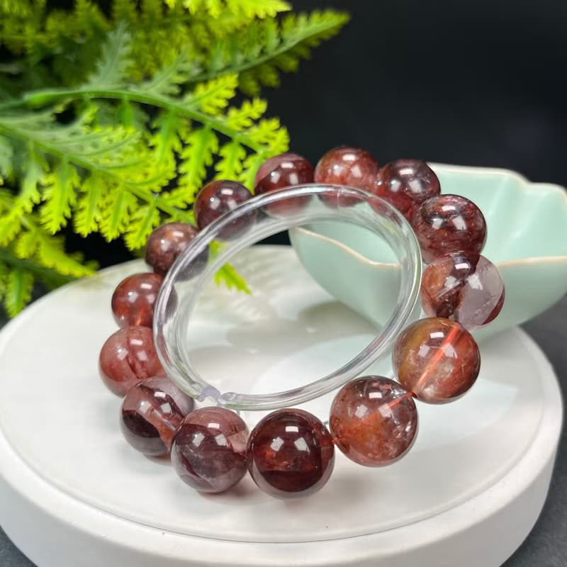 高品質鴆羽幽靈水晶手串16mm冰潤閃片大顆粒圓珠牛血紅膠花旺運勢