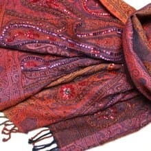 【精品禮盒】喀什米爾水煮羊毛手工刺繡圍巾披肩紫橘紅色彩條釘珠
