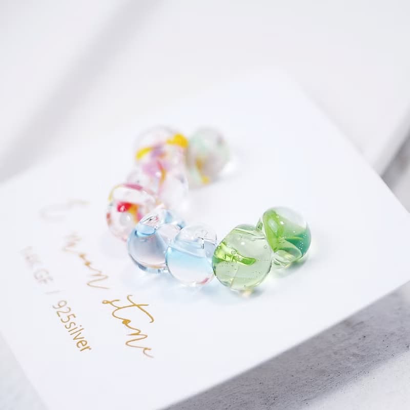 手工花彩琉璃 胖水滴耳環