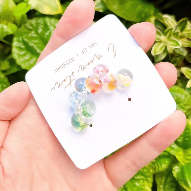 手工花彩琉璃 胖水滴耳環