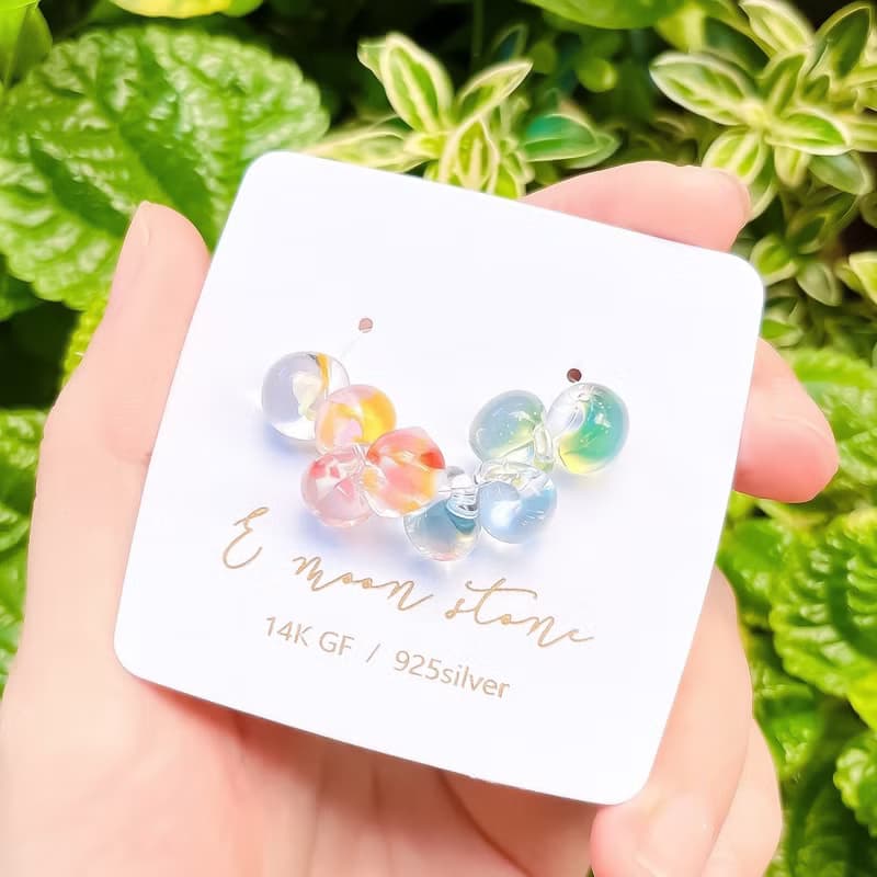 手工花彩琉璃 胖水滴耳環
