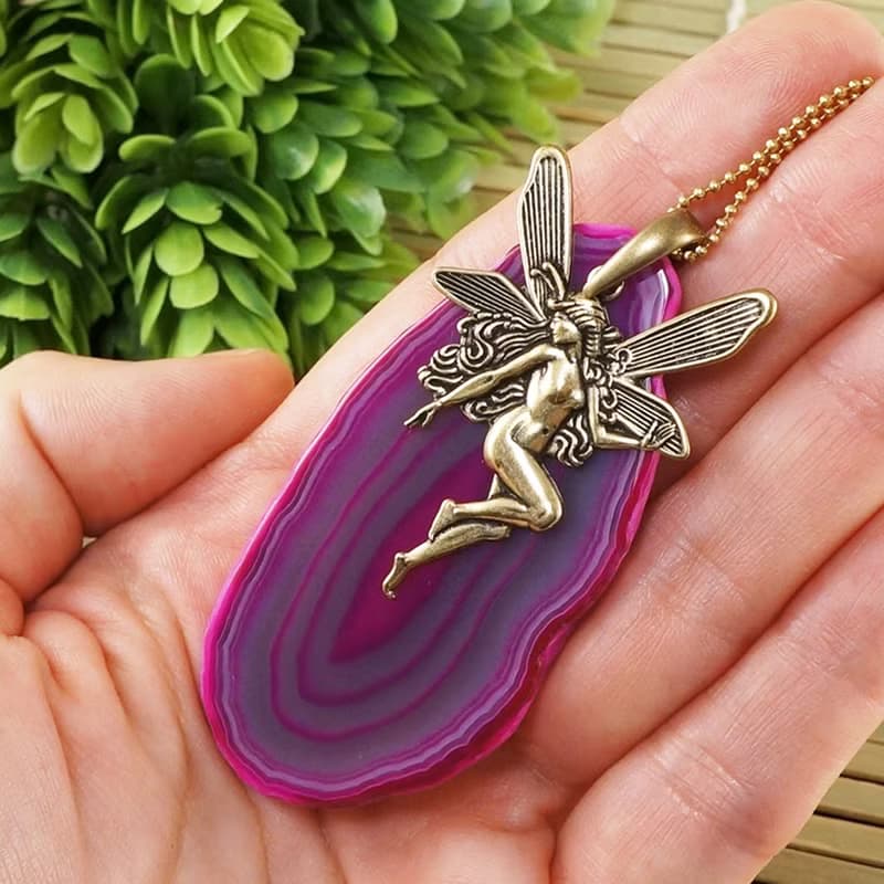 Fairy Agate Slice Necklace Fuchsia Pink Lilac Purple Agate Slab Necklace Jewelry