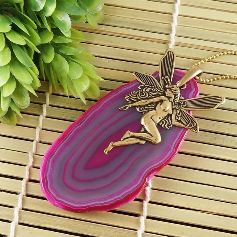 Fairy Agate Slice Necklace Fuchsia Pink Lilac Purple Agate Slab Necklace Jewelry