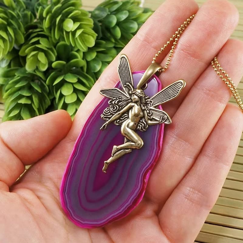 Fairy Agate Slice Necklace Fuchsia Pink Lilac Purple Agate Slab Necklace Jewelry