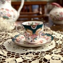 50439-絕美法國古董Sarreguemines Minton 215 手繪咖啡杯與杯托