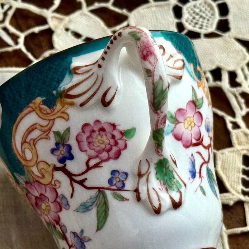 50439-絕美法國古董Sarreguemines Minton 215 手繪咖啡杯與杯托