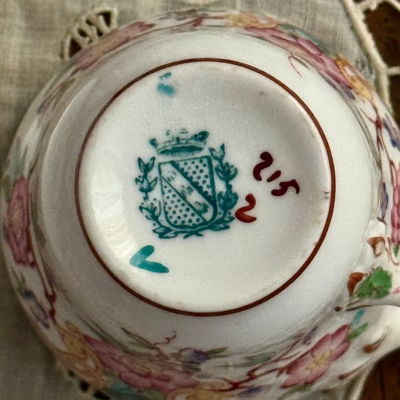 50439-絕美法國古董Sarreguemines Minton 215 手繪咖啡杯與杯托