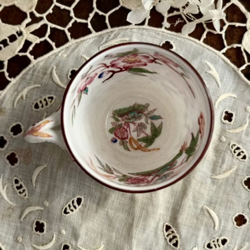 50439-絕美法國古董Sarreguemines Minton 215 手繪咖啡杯與杯托