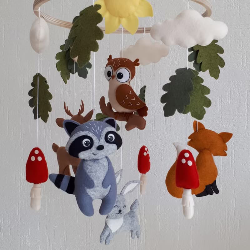Woodland baby mobile nursery decor, forest animals crib mobile, baby shower gift
