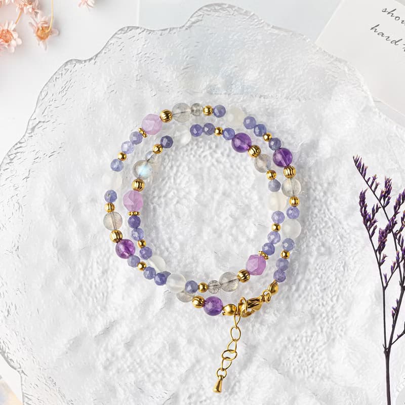 丹泉石-紫水晶-拉長石│黃銅 雙圈 扣環式 手鍊