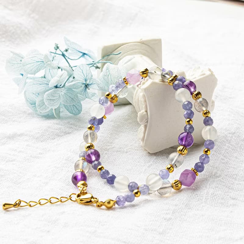 丹泉石-紫水晶-拉長石│黃銅 雙圈 扣環式 手鍊