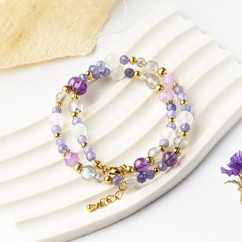 丹泉石-紫水晶-拉長石│黃銅 雙圈 扣環式 手鍊