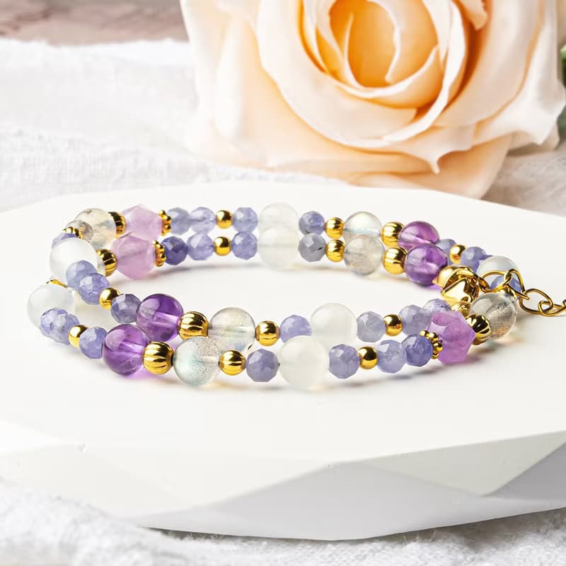 丹泉石-紫水晶-拉長石│黃銅 雙圈 扣環式 手鍊