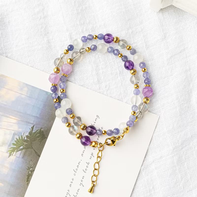 丹泉石-紫水晶-拉長石│黃銅 雙圈 扣環式 手鍊