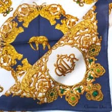 Vintage Christian Dior Handkerchief Baroque Gold Leopard & Elephant Crown