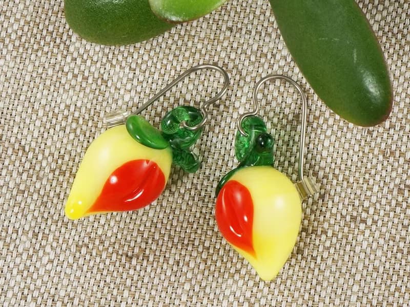 Mango Earrings Lampwork Glass Earrings Yellow Red Vegan Fruit Earrings Jewelry