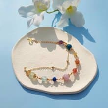 致完整。鴿血紅草莓晶 太陽石 黃水晶 14K包金 水晶礦石設計手鍊