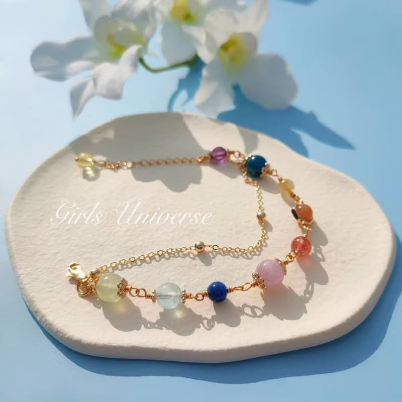 致完整。鴿血紅草莓晶 太陽石 黃水晶 14K包金 水晶礦石設計手鍊