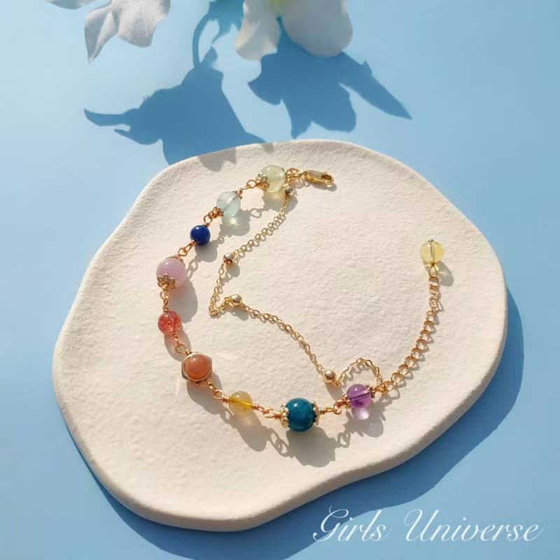 致完整。鴿血紅草莓晶 太陽石 黃水晶 14K包金 水晶礦石設計手鍊