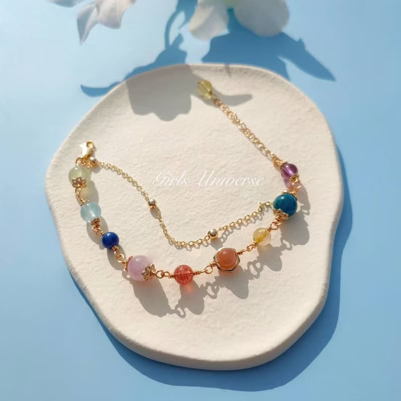 致完整。鴿血紅草莓晶 太陽石 黃水晶 14K包金 水晶礦石設計手鍊