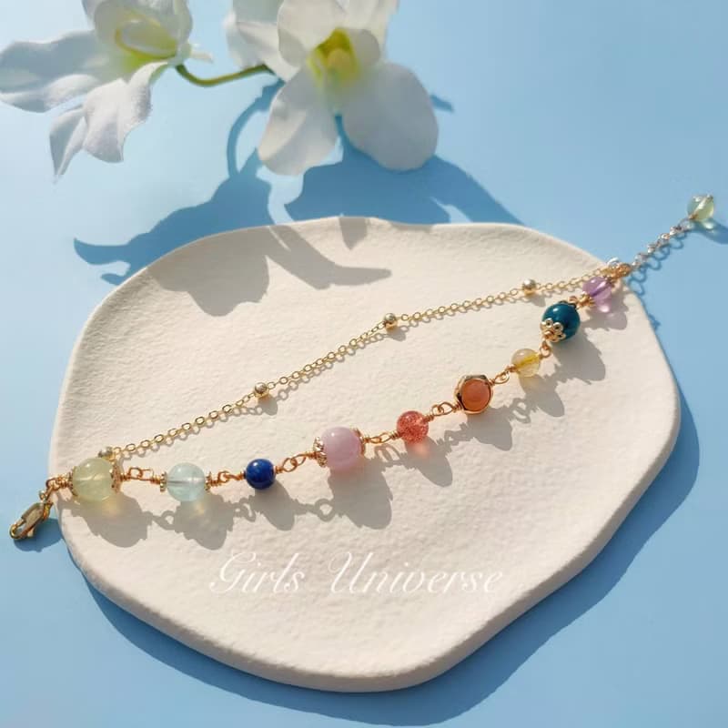 致完整。鴿血紅草莓晶 太陽石 黃水晶 14K包金 水晶礦石設計手鍊