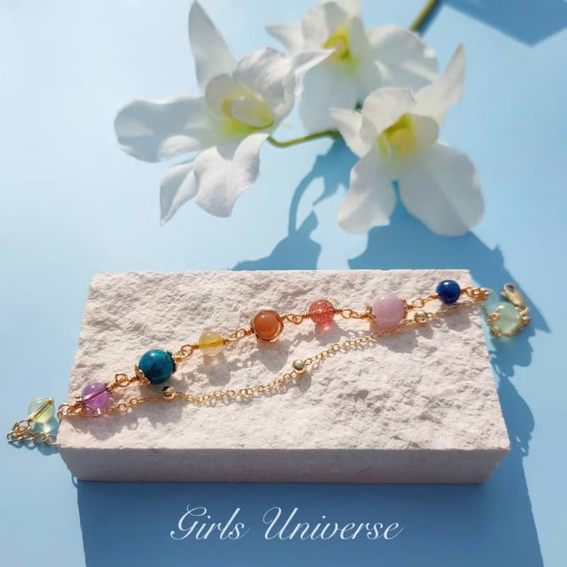 致完整。鴿血紅草莓晶 太陽石 黃水晶 14K包金 水晶礦石設計手鍊