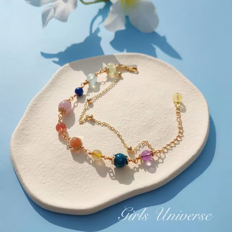 致完整。鴿血紅草莓晶 太陽石 黃水晶 14K包金 水晶礦石設計手鍊