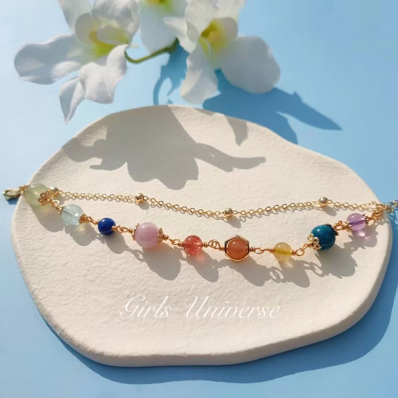 致完整。鴿血紅草莓晶 太陽石 黃水晶 14K包金 水晶礦石設計手鍊